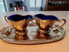 Petite Cobalt Sugar & Creamer Inset In Gold-tone Repousse Holders & Tray 1.6lbs