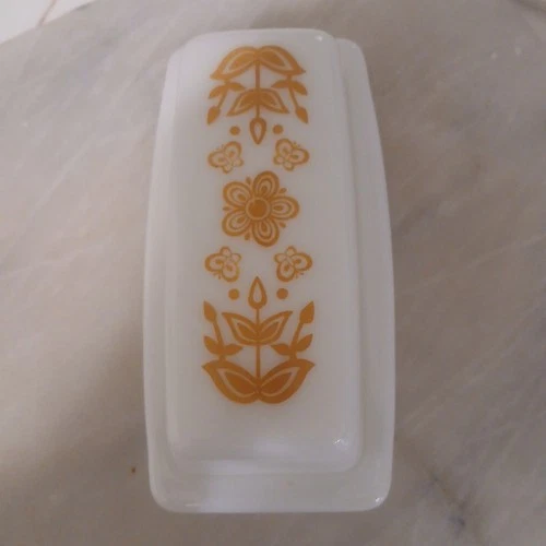Vintage 1970's Pyrex Milk Glass Butterfly Gold, Butter Dish with Lid EUC