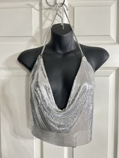 Women Sequin Camis Top Halter Low Cut Silver Chain Backless-C4