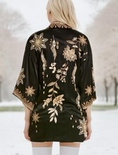 NEW Johnny Was XL Black Gold Silky Kimono Jacket Duster Wrap LUXE Bohemian
