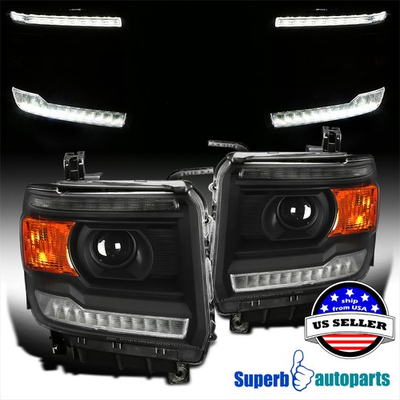 #ad #ad Fits 2014 2018 Sierra 1500 2500HD 3500HD Black Projector Headlights w LED Strip $277.98