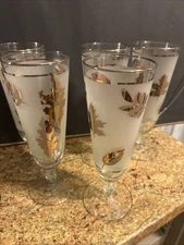 SET OF 5 VINTAGE MCM LIBBEY FROSTED GOLD LEAF PILSNER GLASSES Barware Beer 8.25”