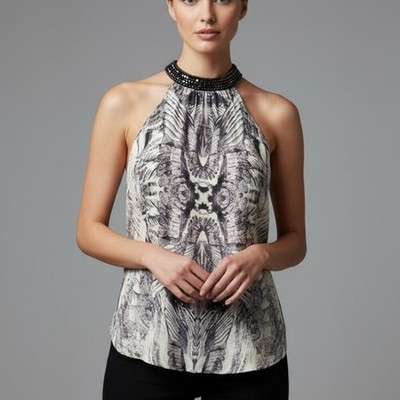 $200 HAUTE HIPPIE vintage NEW! silk top with studded lamb suede collar