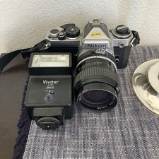 Vintage Nikon Silver FE SLR With 52mm Nikon Lens, Strap & Vivitar Timer Flash
