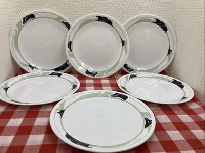 Set of (6) Corning Corelle Black Orchid  8.5'' Luncheon Plates Green  Black Clean