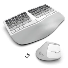 Ergonomic Wireless Keyboard and Mouse Set Creamy Wireless Keyboard Silent Mic...
