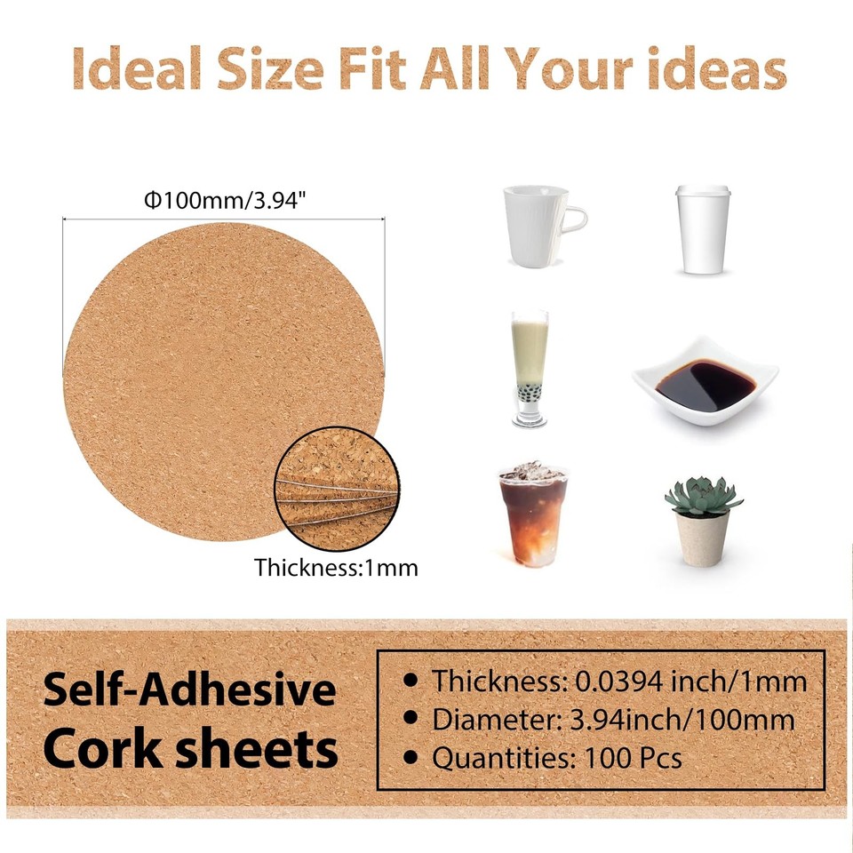 100 Pcs Self-Adhesive Cork Round Sheets, 4 Inch Brown Cork Tiles ...