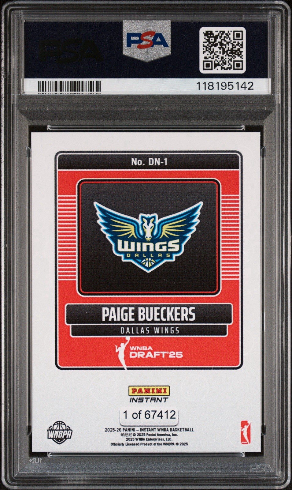 2025 Panini Instant WNBA Paige Bueckers Rookie #DN1 Draft Night PSA 9 view 2