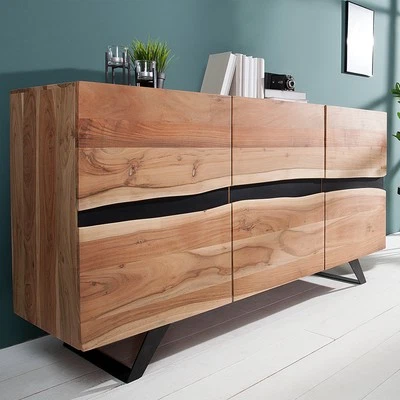 Massivholz Sideboard AMAZONAS 150cm Akazie natur Metall schwarz Baumkante - Bild 1 von 4
