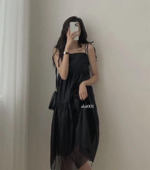 OFF WHITE Abito estivo alla moda coreana senza maniche stringhe nero casual abito midi