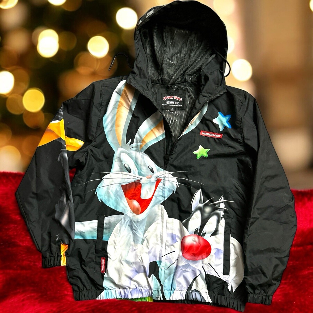 Members Only Looney Tunes Windbreaker w/ Hood Black MEDIUM NWT