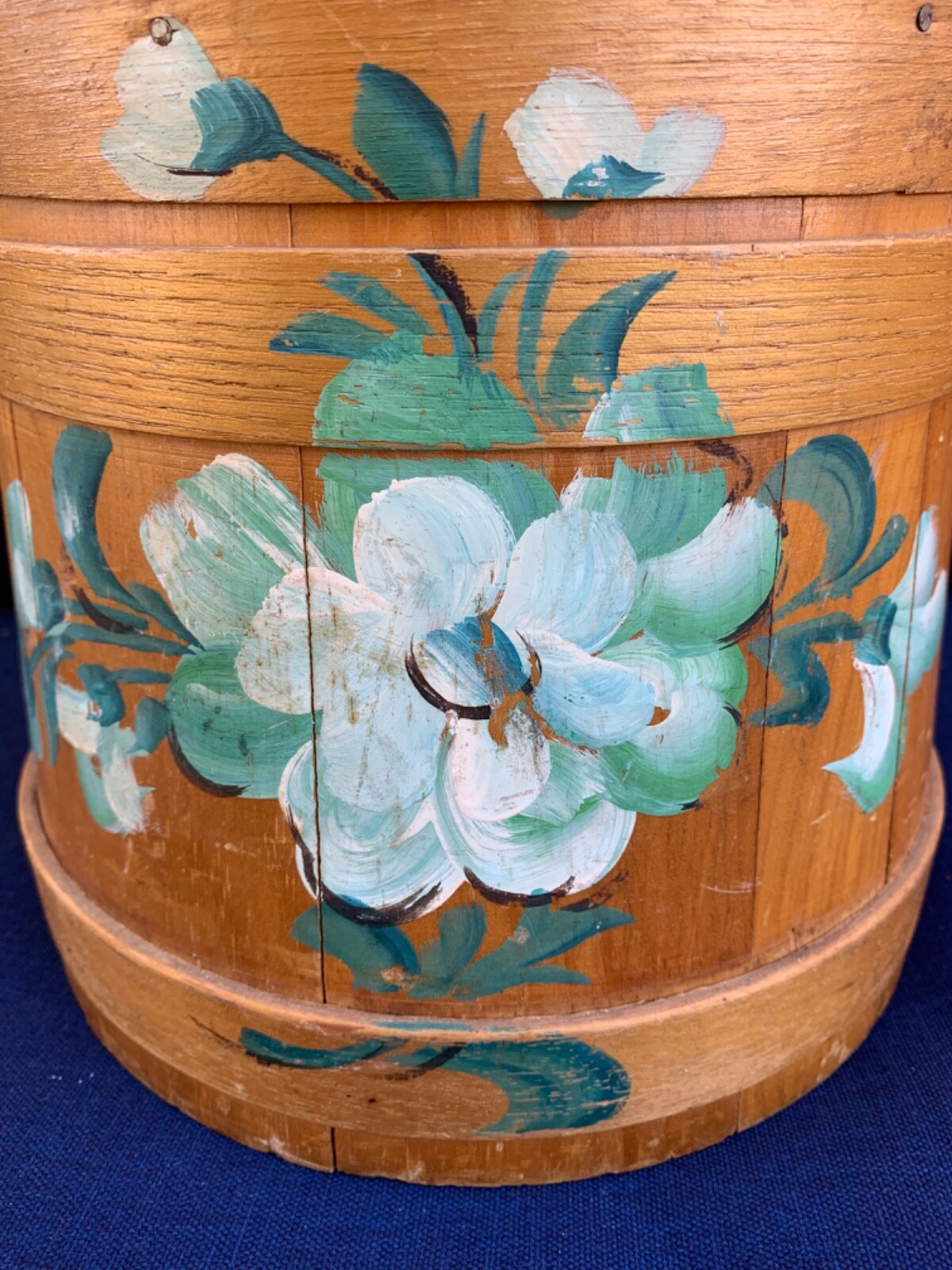 Large Vintage Antique Wooden Hand Painted Tole Firkin w Lid Folk Art  Bucket