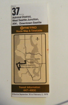 1979 Seattle Metro #37 Streckenplan und Fahrplan. Admiral District, Downtown. T3