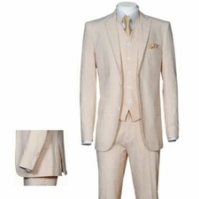 Men's Slim Fit 3 Piece Fashion Striped Seersucker Suit With Vest Pants ST702V