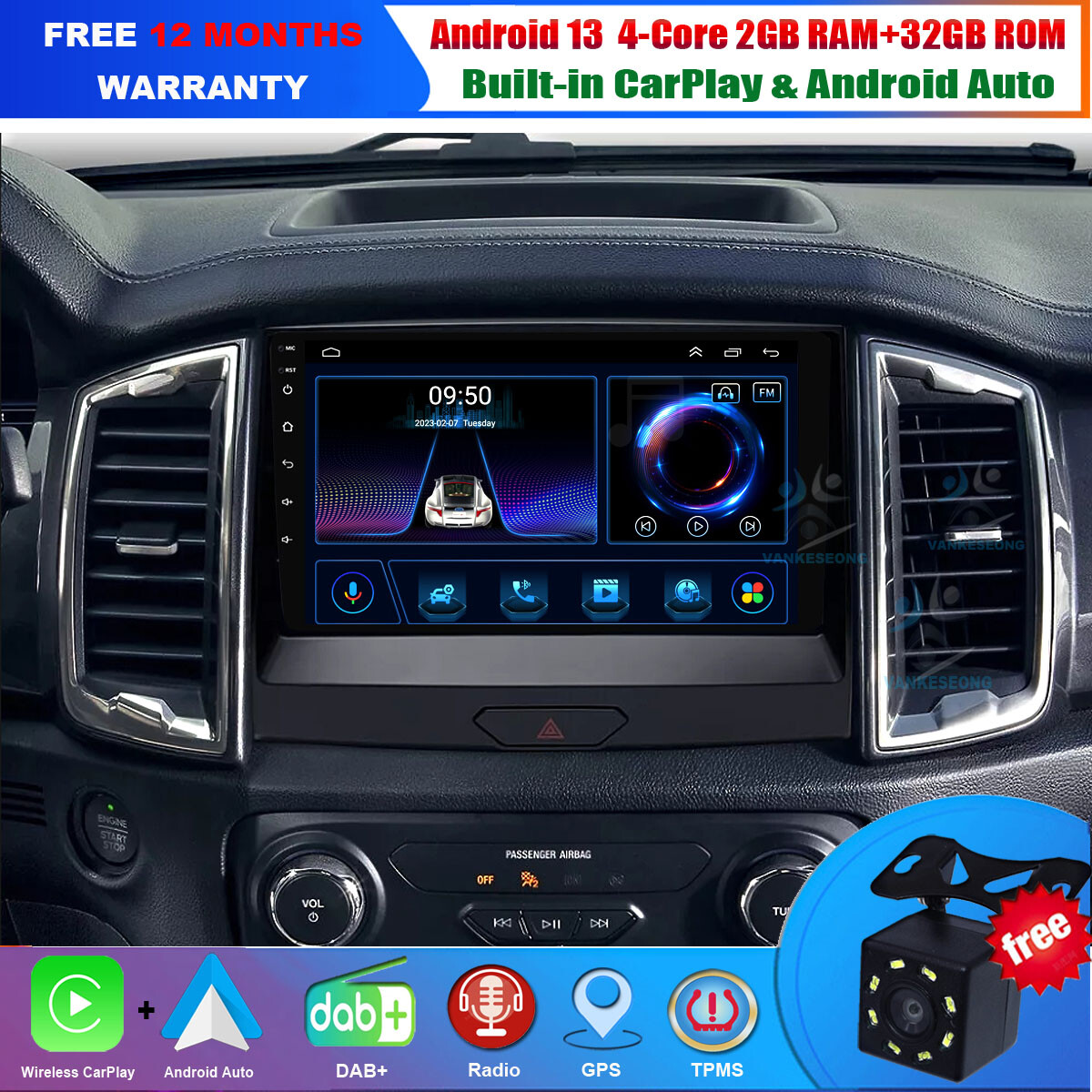 For Ford Ranger 2015-2020 Android Car Radio GPS Navigation BT DAB+CarPlay Wifi