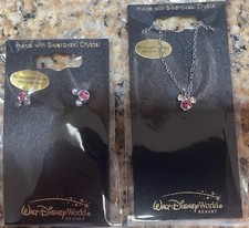 Arribas Disney Park Pink Mickey Necklace  Stud Earrings SWAROVSKI CRYSTAL NEW