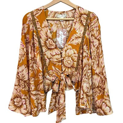 Band of the Free Libby Gold Floral Bell Sleeve Crop Top Womens Size Small NWT