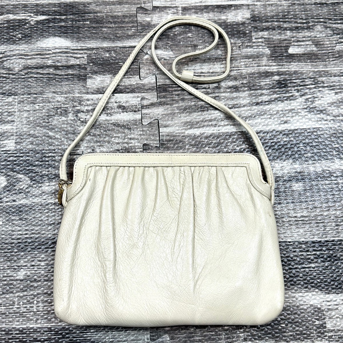 Vintage 80's Purse Off White Leather Bag Ruffled Shoulder Bag