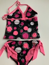 Justice Girls Pink Black Dot Circle Tankini Swim Size 8 Silver