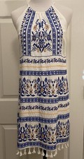 SKIES ARE BLUE Halter Dress White Floral Embroidered Tassel Boho Festival Size S