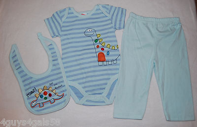 Baby Boys PC OUTFIT Blue ROAR DINOSAUR T-Shirt Bib Pants SIZE 0-3 3-6 6-9  M0