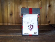 LADIES STERLING SILVER CREATED RUBY HEART SHAPED PENDANT NECKLACE 18 INCH CHAIN