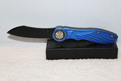EAGLE HEAD WING WINGS SPRING ASSISTED KNIFE BLADE WITH BELT CLIP ( BLUE )