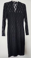 Women's Full Floral Lace Long Sleeve Midi Bodycon Dress Small V-Neck Black Lined