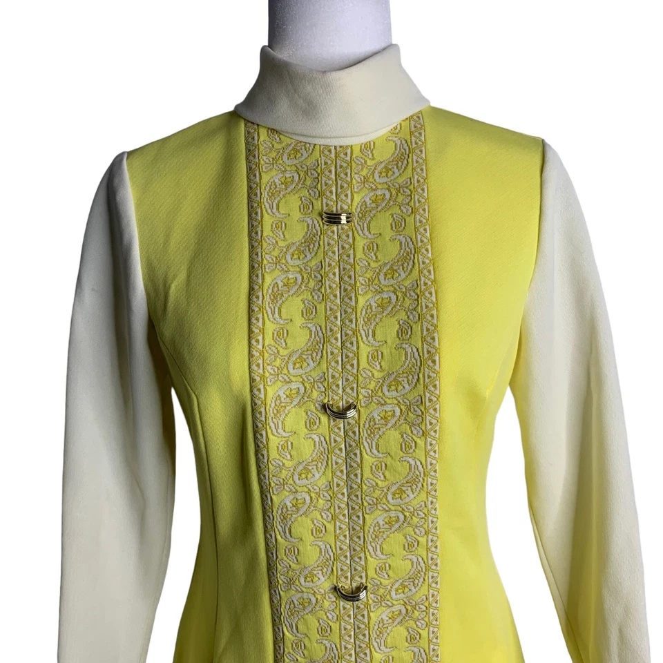 Conjunto de pantalón tejido elástico vintage años 60 2 piezas S amarillo cuello alto bolsillos cremallera Foto 3 de 4