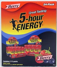 5 Hour Energy Shot Berry Flavor 24 count Box 1.93 oz Bottles Sugar Free Five