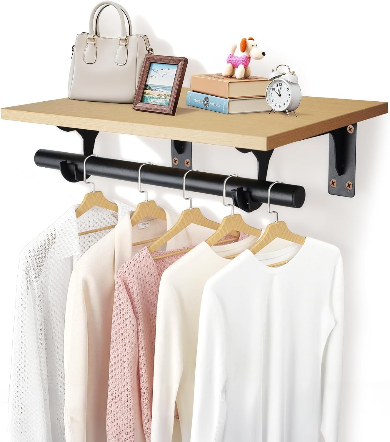 Space-Saving Wall-Mounted Clothes Rack with Shelf and Hanging Rod 11.8D x 15.7W x 4.35H