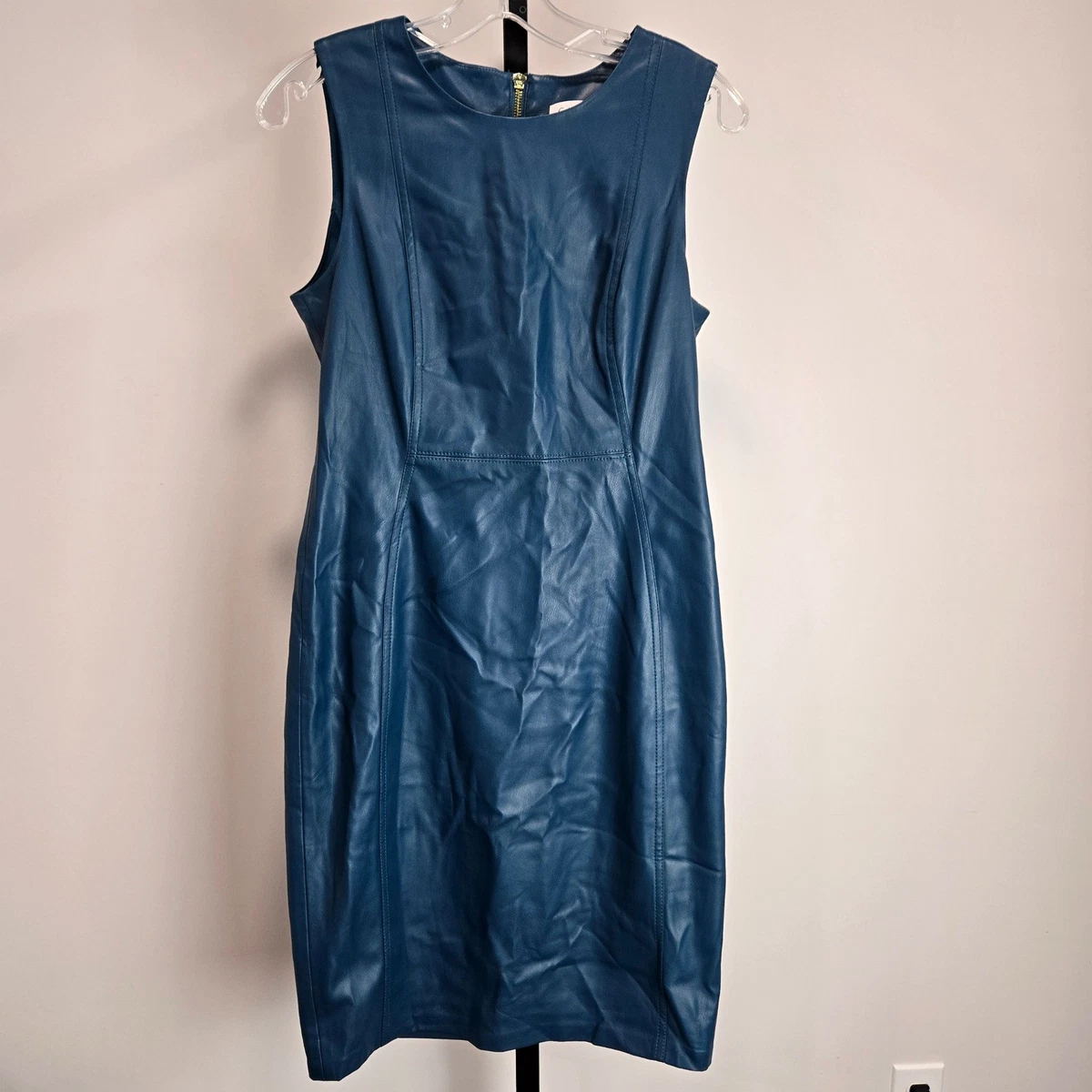 calvin klein faux leather dress with zipper NWT Calvin Klein Tan Faux Leather Sheath Dress Zipper Back Size 6 Work  Classic
