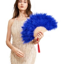 Handheld Marabou Feather Fan, 1920s Vintage Style Flapper Hand Fan Royal Blue