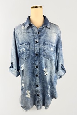 Thrill Jeans Women's Denim Shirt Sz 1X Distressed Western Grunge