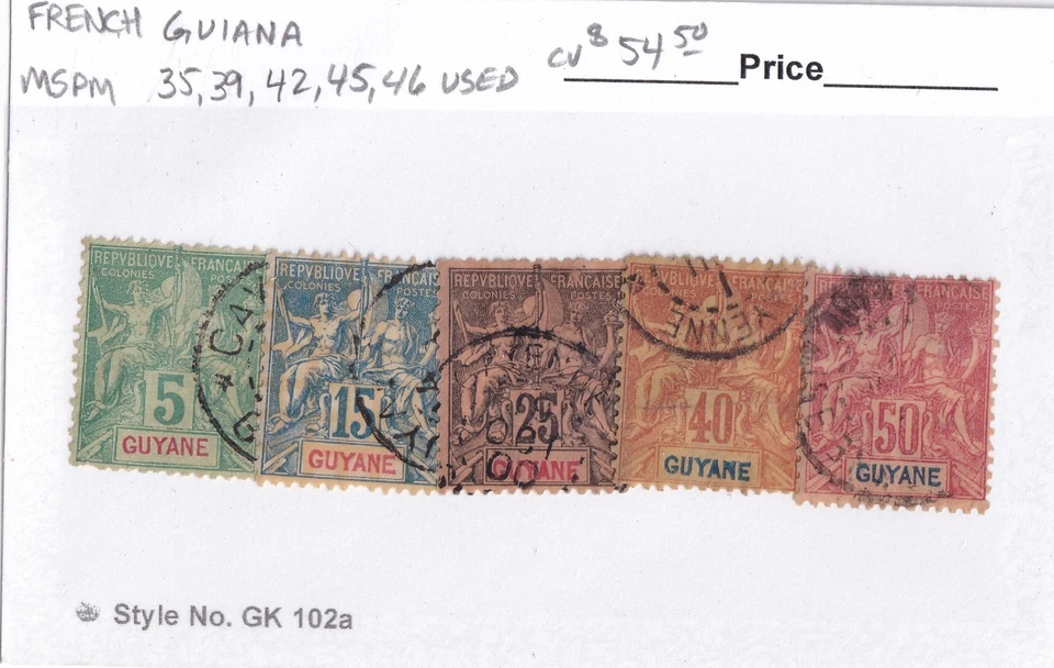 MATT'S STAMPS FRENCH GUIANA #35, #39, #42, #45-46 ISSUES OF 1892-1904 USED CV$54 - Image 3 of 3