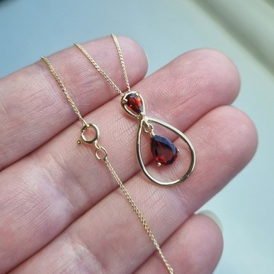 Hallmarked 9ct Yellow Gold Garnet Drop Pendant On 375 Stamped Necklace 