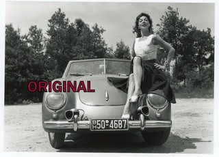 Orig Photo XL 1950s Beautiful Woman Posing on Car Porsche 356 Cabriolet from Hamburg