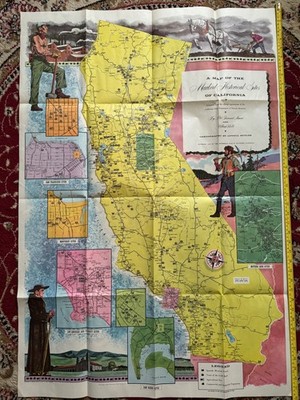 1952 Pictorial Map Of The Marked Historical Sites Of California 29'' x 41.5'' VTG