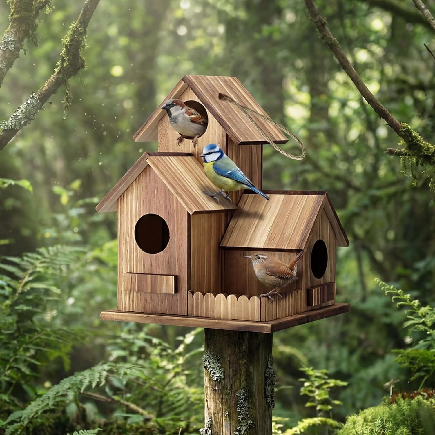 Outdoor Hanging Birdhouse, 2 Pack Wooden 3 Hole Bird House for Garden Finch