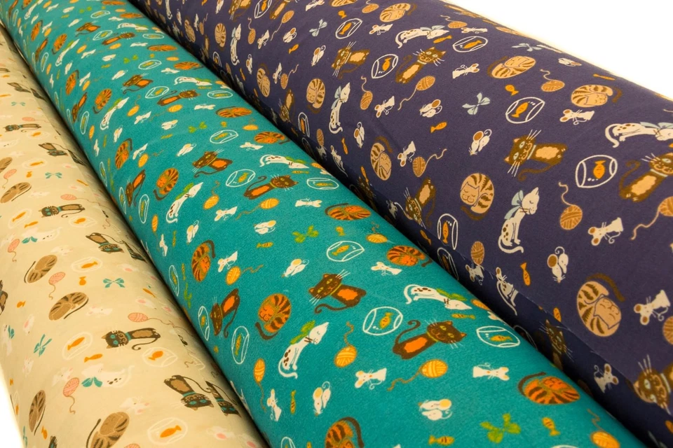 Katze Himmel Goldfisch Mäuse Wolle Bedruckt Polycotton Stoff - Sommer Ausverkauf - Bild 2 von 2