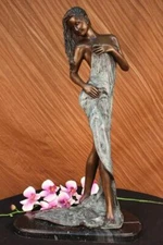 26” West Art Deco Sculpture Bronze Marble Nude Woman Belle Flower Girl Statue NR