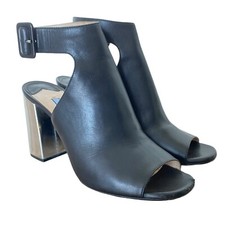 PRADA Black Leather Halter Ankle Strap Silver Chunky Heel Sandals, Size 36.5