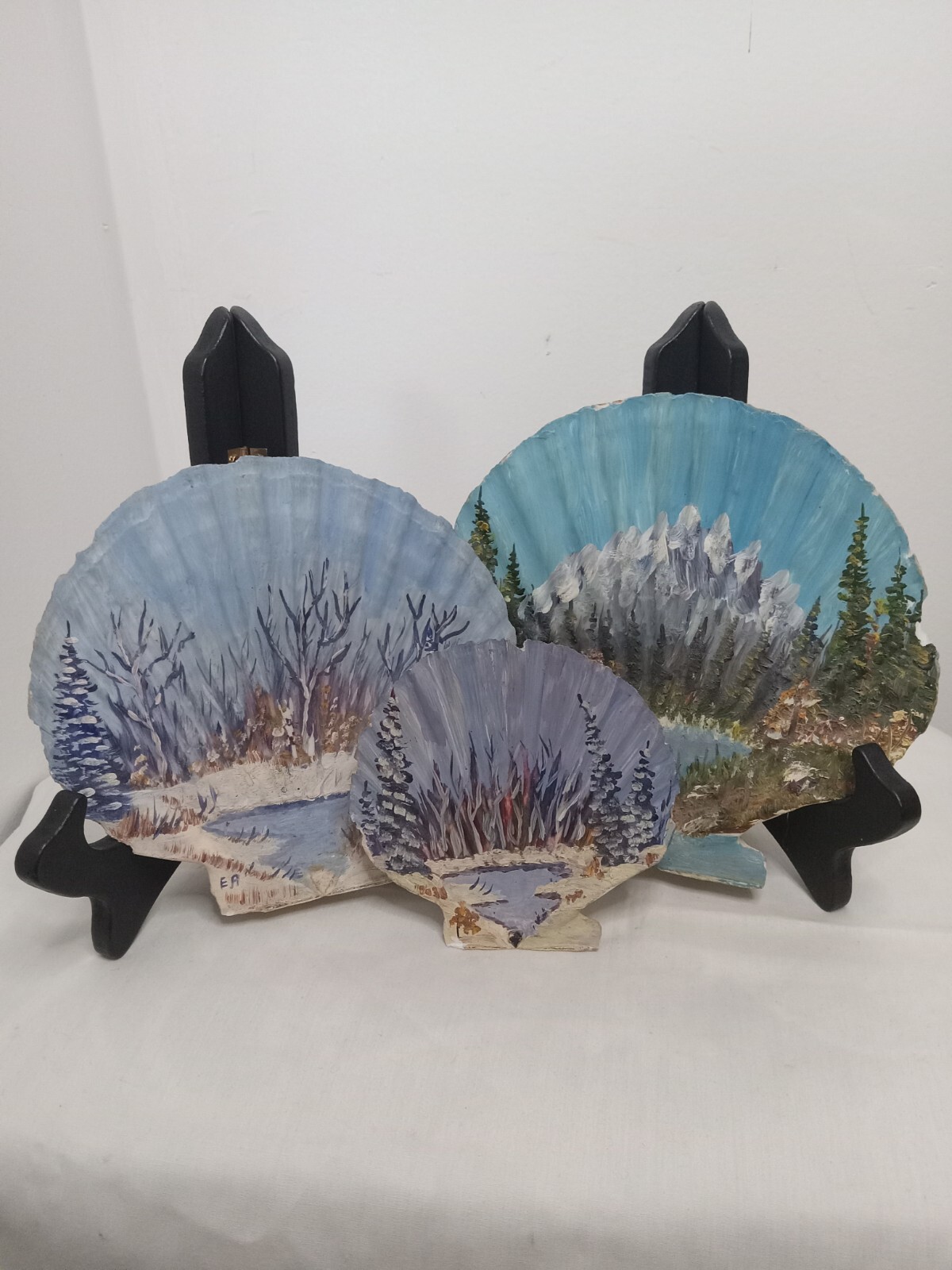 Three Vintage Hand Painted Sea Shells Trees Water Snow Nature Mountain Signed EA
