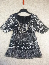 Notations Womens Blouse Small Black White Short Sleeve Peplum Top with Necklace