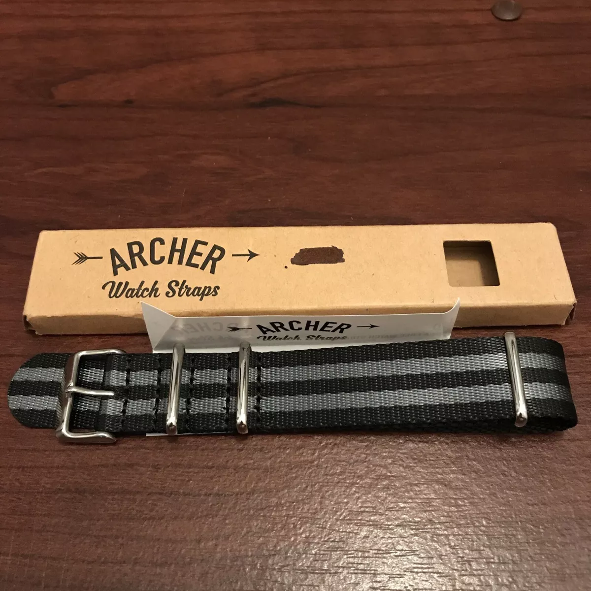 Archer Watch Straps 22mm Nylon Black/Gray Stainless Open Box Unused