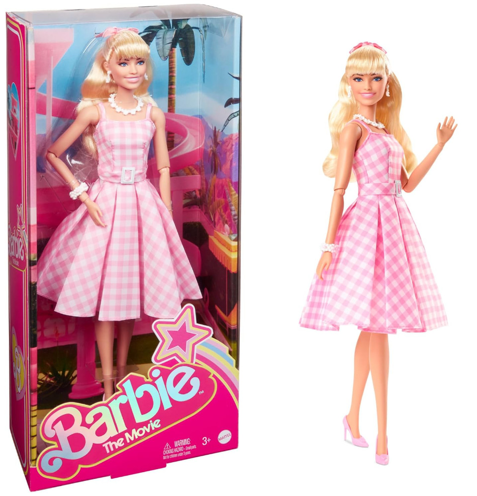 Barbie The Movie Doll Margot Robbie Collectible Wearing Pink & Gingham Dress
