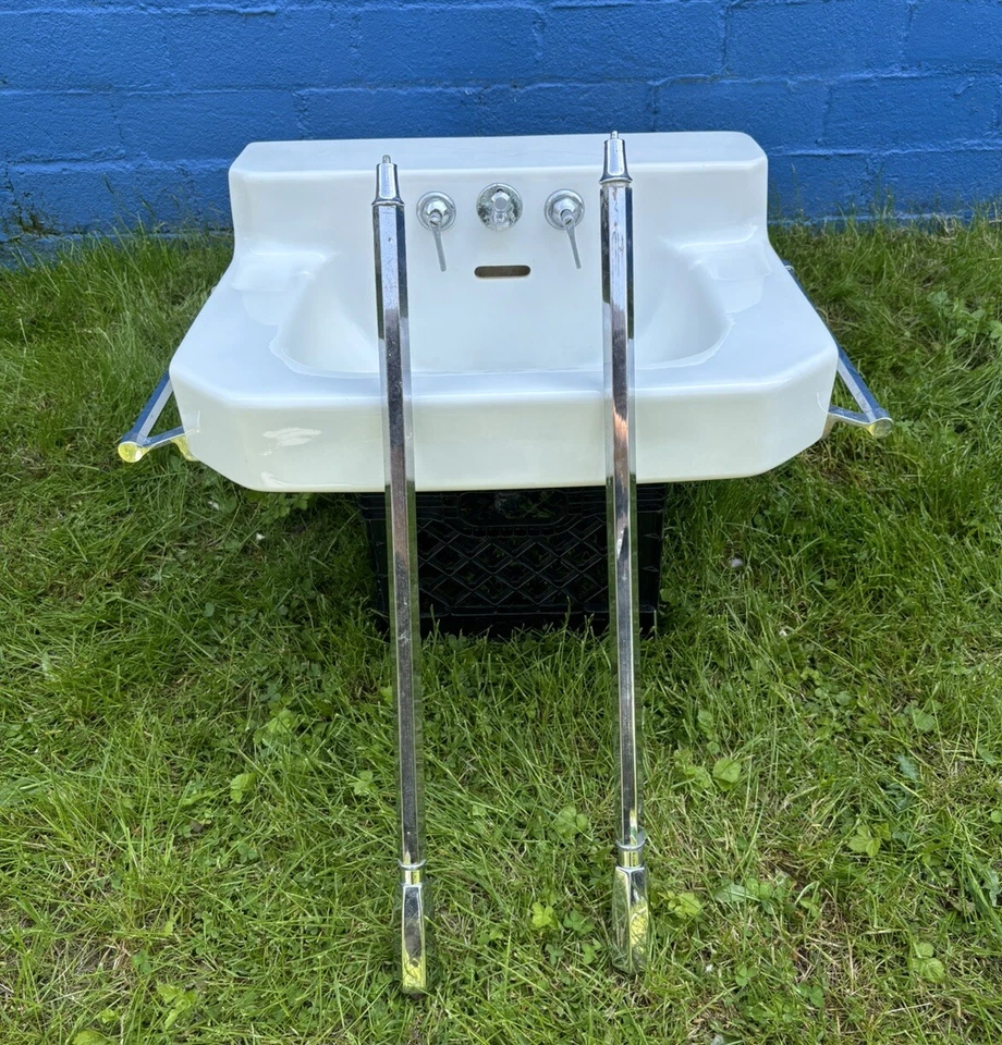 Vtg Mid Century 40s 24x20 White Porcelain Bath Wall Sink Kohler Brass Legs - Image 2 of 4