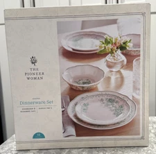 The Pioneer Woman Agatha Green Flower 12-Piece Stoneware Dinnerware Set