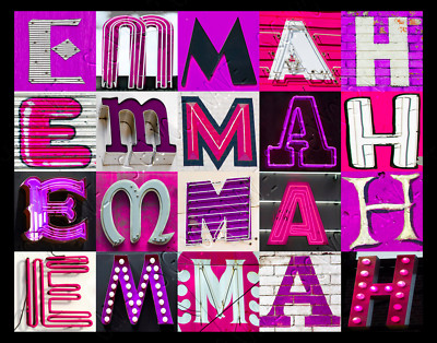 EMMAH Name Poster featuring photos of actual PINK & PURPLE sign letters