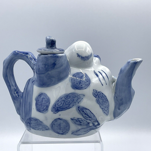 Vintage Blue & White Porcelain Teapot Shou Xing God of Longevity Buddha Teapot - Picture 3 of 11